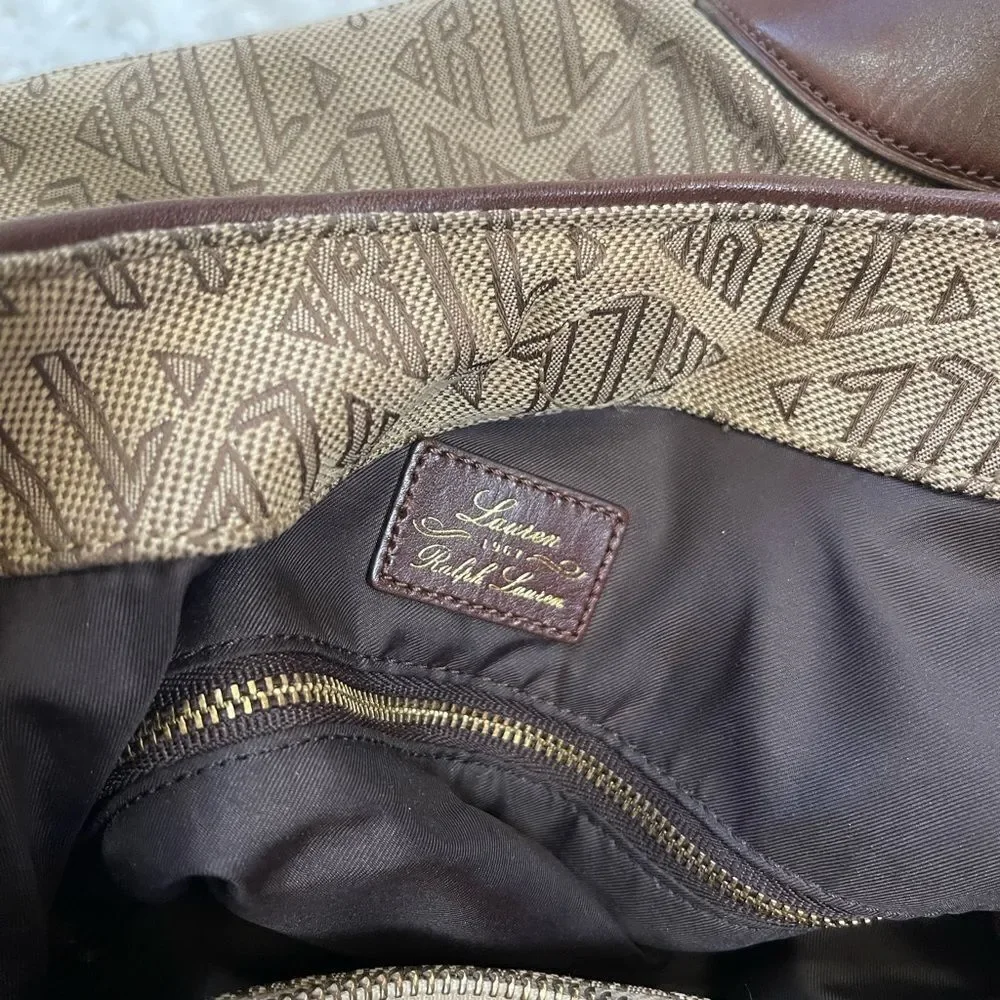 Ralph Lauren Logo Canvas khaki & brown Leather trims Hobo Bag brass hardwares.